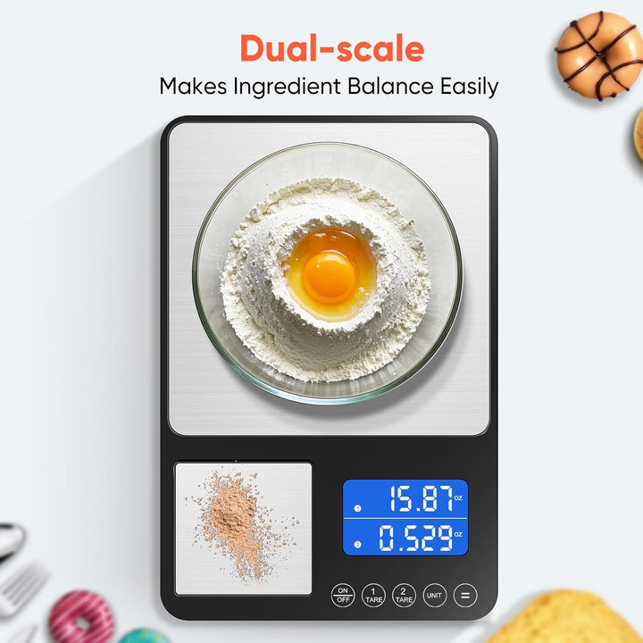 Küchenwaage Digital 15 kg / 0,01 g, Hochpräzise Zweibereichs Waage Küche mit Addierfunktion, Tara-Fu