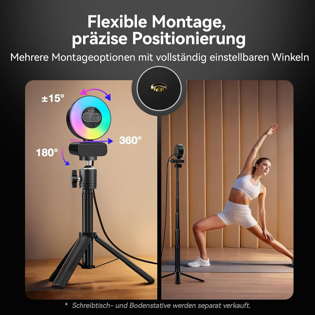 EMEET S600L 4K Webcam mit Ringlicht, 4 Beleuchtungsmodi, Regenbogeneffekt, 1/2"-Sensor, KI-Bildverar