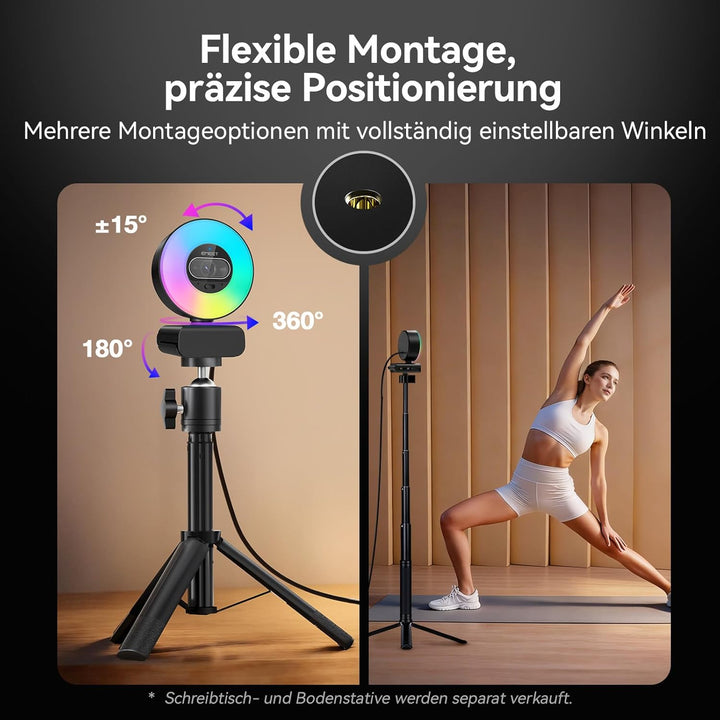 EMEET S600L 4K Webcam mit Ringlicht, 4 Beleuchtungsmodi, Regenbogeneffekt, 1/2"-Sensor, KI-Bildverar