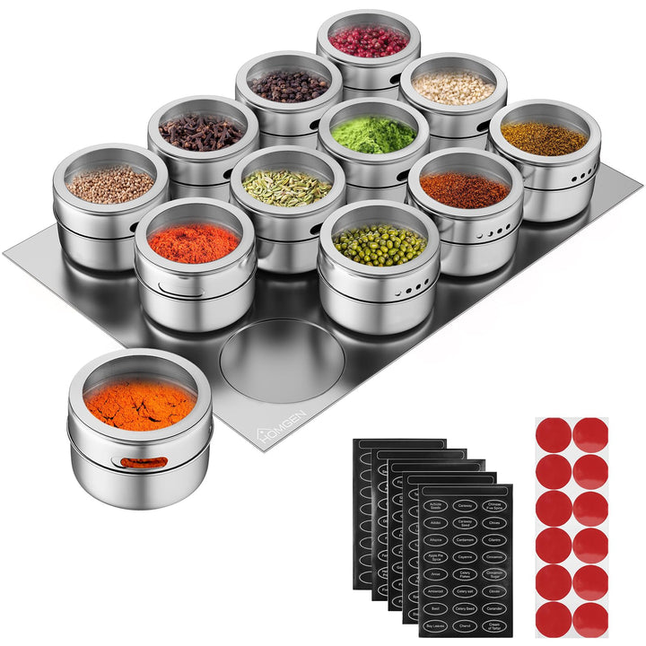 HOMGEN Gewürzdosen Magnetisch Edelstahl 12 Stück Gewürzgläser Set Magnet 100ml Gewürze Spice Jars mi