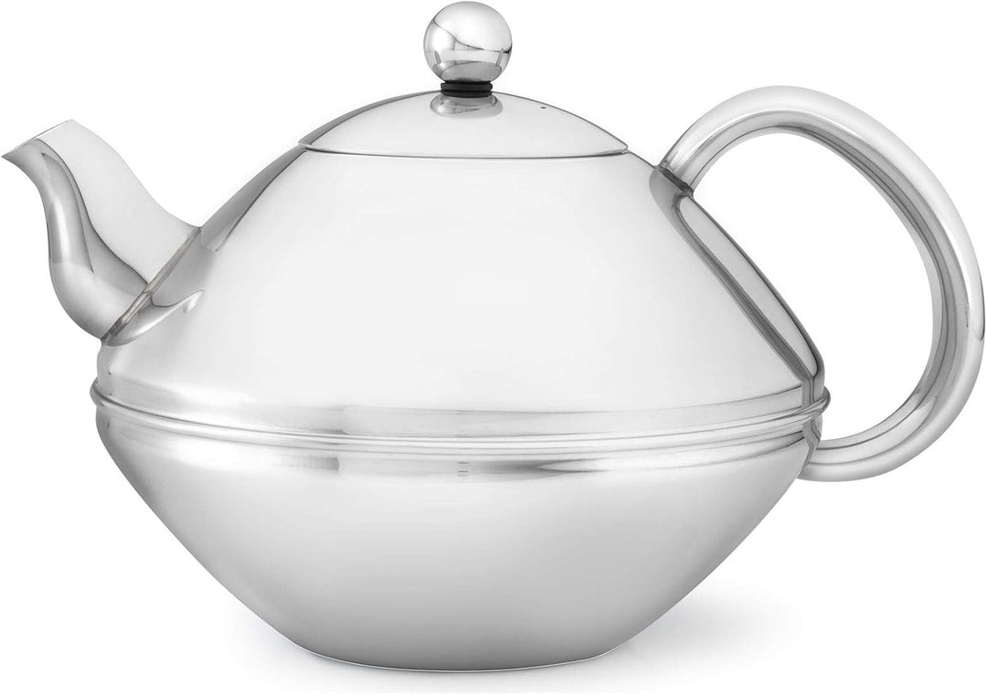 Bredemeijer Flache glänzende doppelwandige Edelstahl Teekanne 1.4 Liter