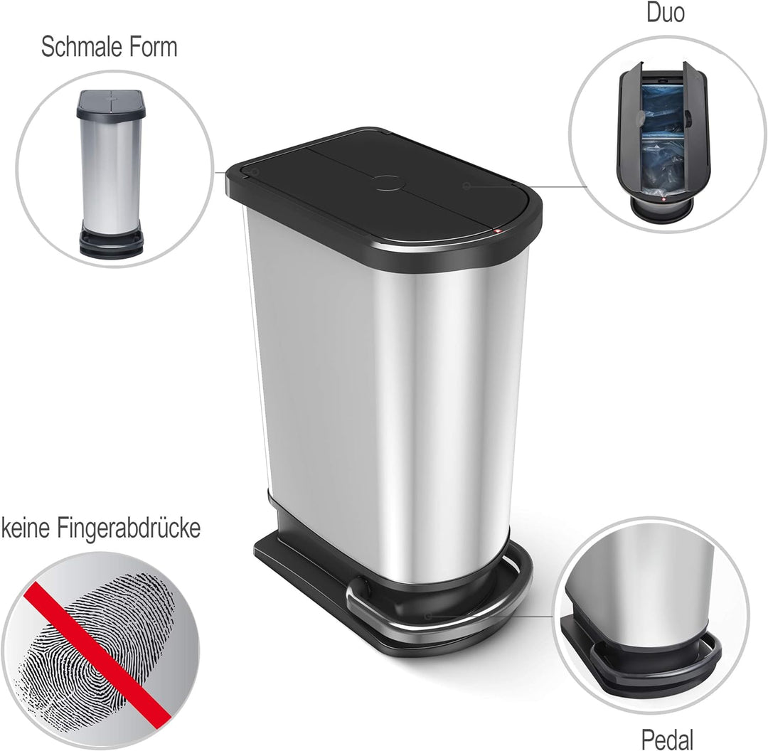 Rotho Paso Mülleimer 50l zur Mülltrennung mit Deckel und Pedal, Kunststoff (PP) BPA-frei, silber met