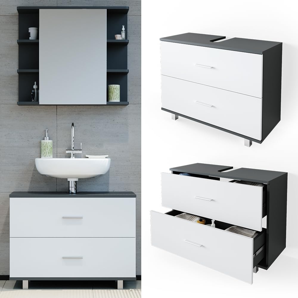 Vicco Waschbeckenunterschrank Ilias Schublade Unterschrank Badezimmer (Anthrazit-Weiss)