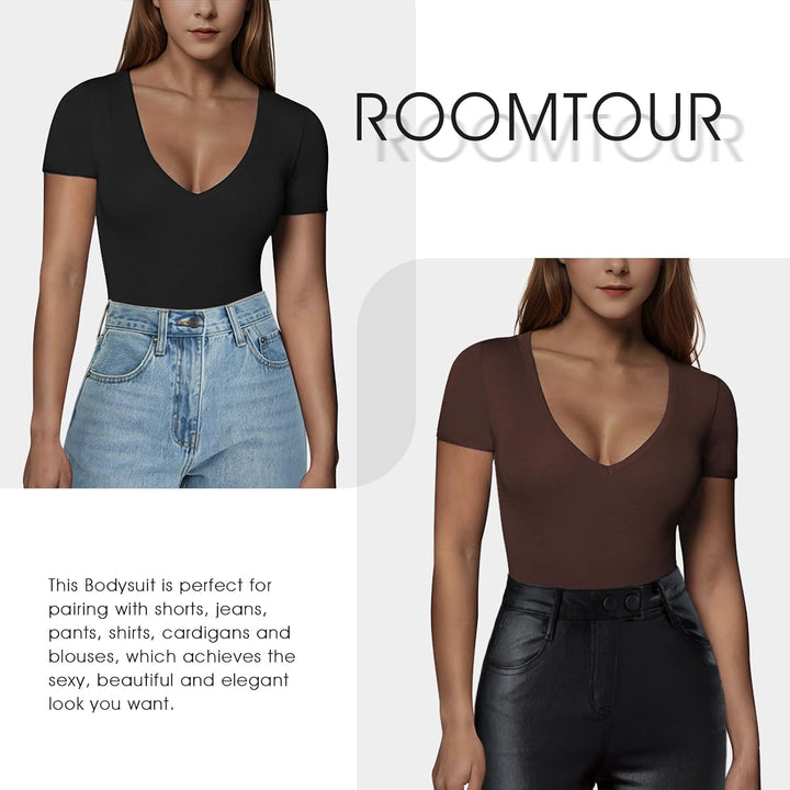 RoomTour Body Damen Elegant Kurz Bodysuit Tops Damenbody for damen Stringbody V Kragen M 1-Braun, M