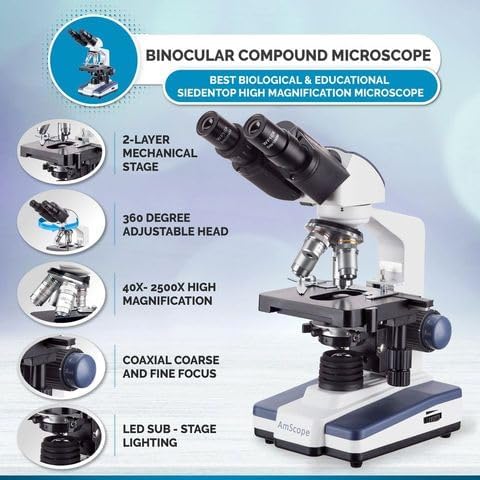 AmScope - 40X-2500X binokulares Verbundmikroskop, LED, biologisches Labormikroskop mit 3-D-Stufe für