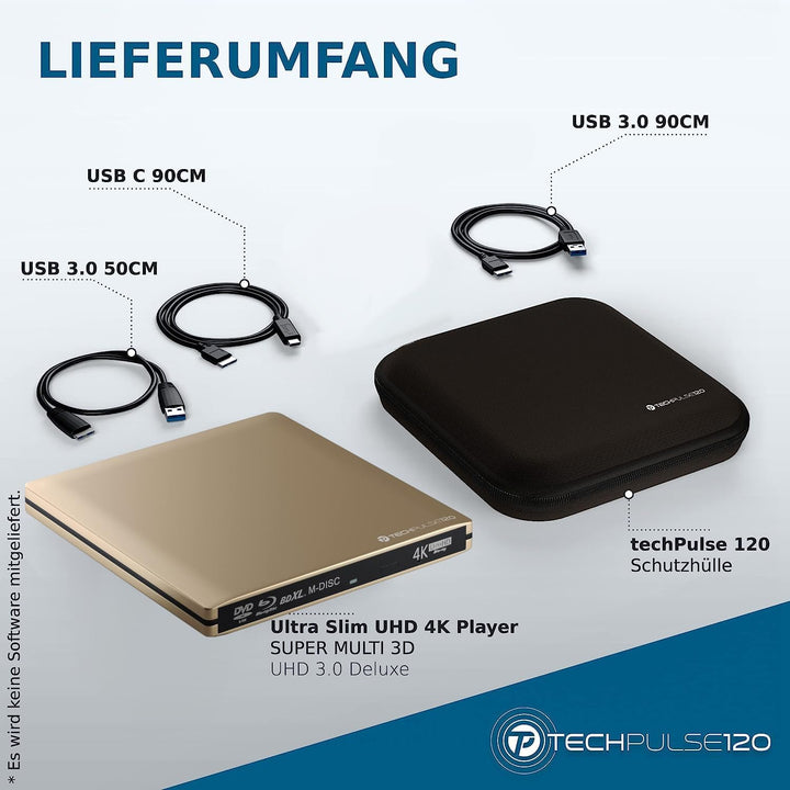 techPulse120 Externes UltraHD UHD 4k 3D M-DISC BDXL HDR10 100GB USB 3.0 & USB-C Laufwerk Bluray Bren