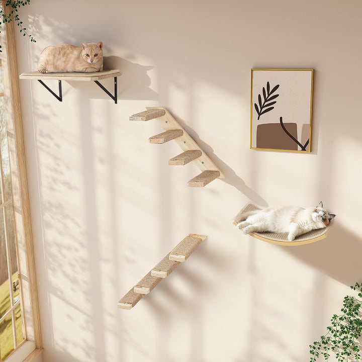 Katzen Kletterwand, Katzentreppe Wand Set mit 2 Stufen Quadratischer & Gebogenen Plattformen, Wandmo
