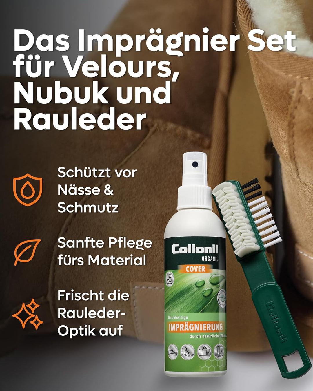 Collonil Wildleder Imprägnier Set mit Bürste für Nubuk, Velour, Rauleder
