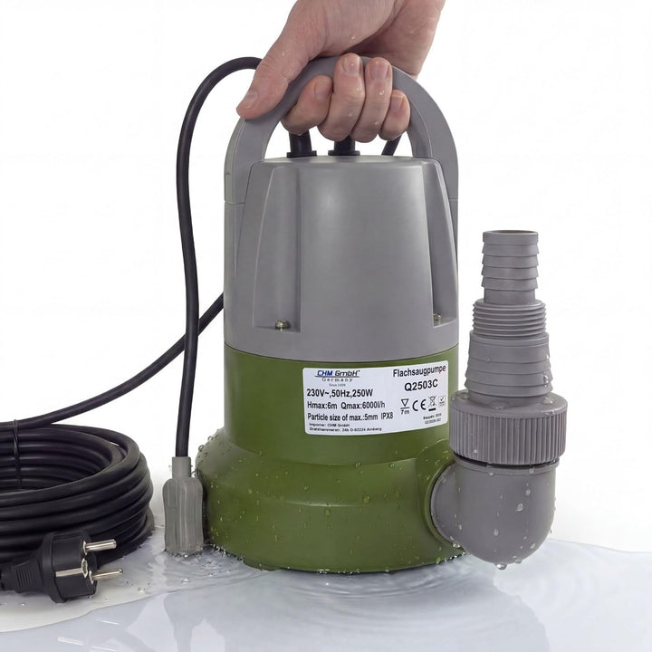 Tauchpumpe flachsaugend bis 1mm 250 Watt Flachsaugpumpe mit integriertem Schwimmer und Überhitzungss