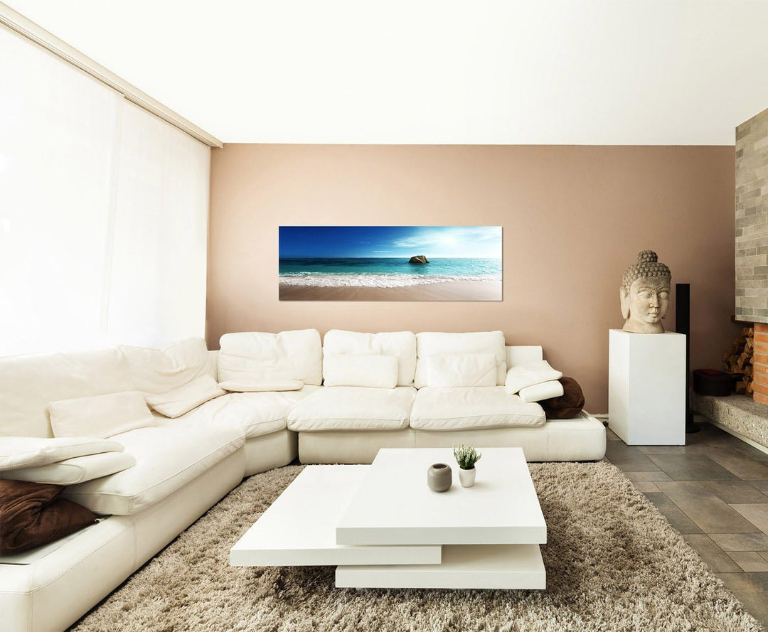 Paul Sinus Art Panoramabild auf Leinwand und Keilrahmen 150x50cm Seychellen Strand Meer Stein Dämmer