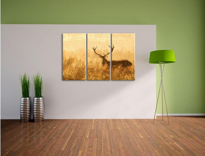 Pixxprint Rotwild Hirsch in Abenddämmerung als Leinwandbild/Grösse: 3 Teilig (120x80 cm) cm/Wandbild