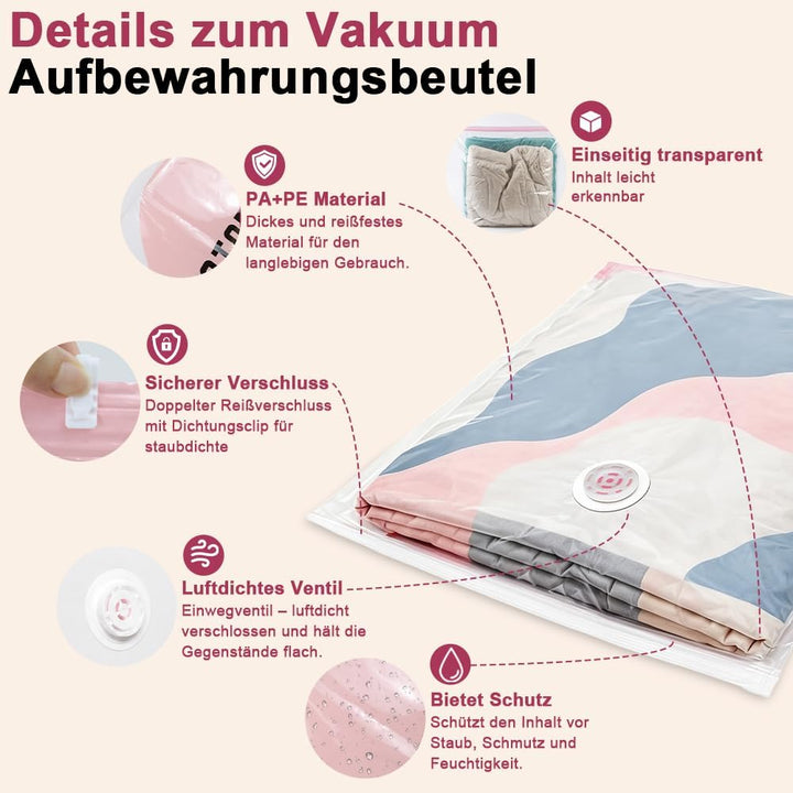 6er-Pack Vakuumbeutel ohne Pumpe, 3x 50x70x30cm + 3x 80x100x38cm, Vakuum Aufbewahrungsbeutel, platzs