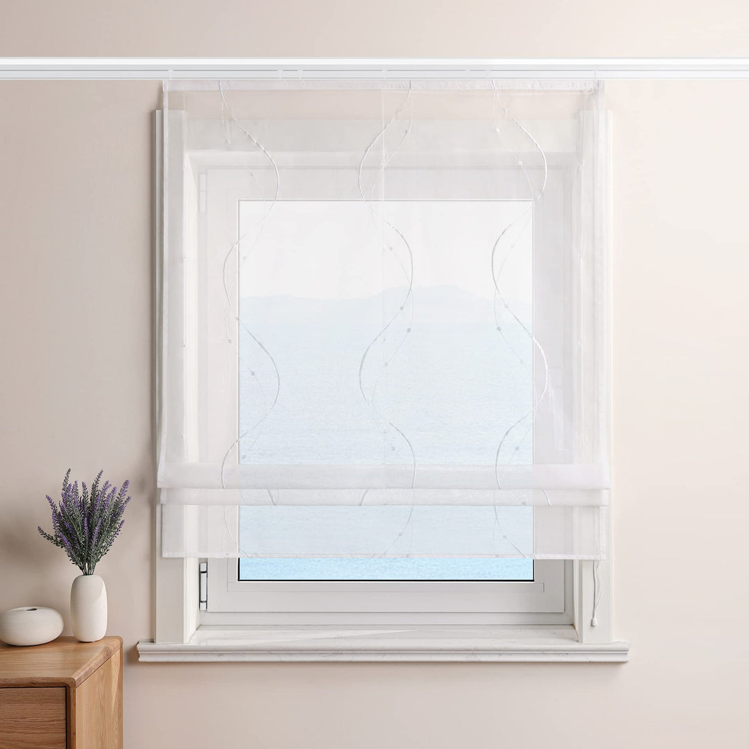 ESLIR Raffrollo Weiss Raffgardine mit Klettband Gardinen Küche Transparent Bändchenrollo Voile Besti