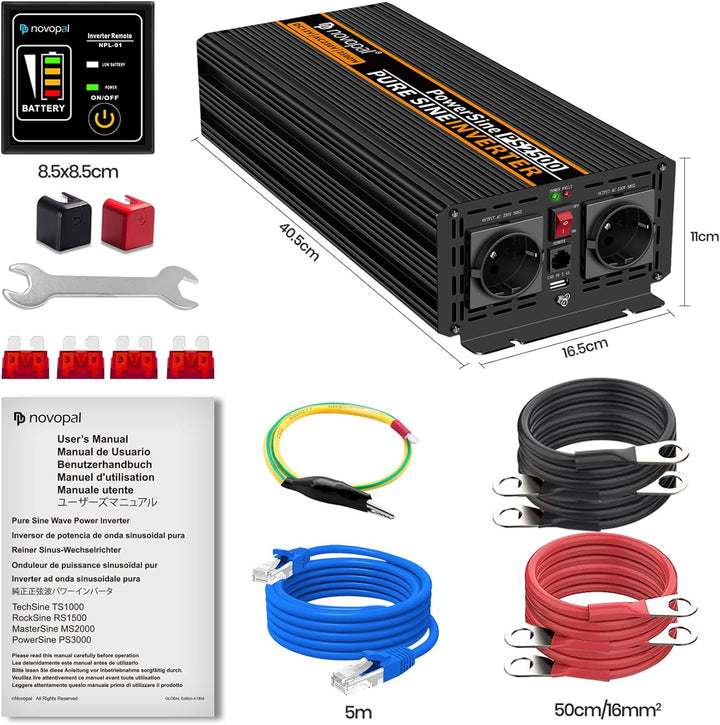 NOVOPAL 2500W KFZ Reiner Sinus Spannungswandler - Auto Wechselrichter 12V auf 230V Umwandler - Inver