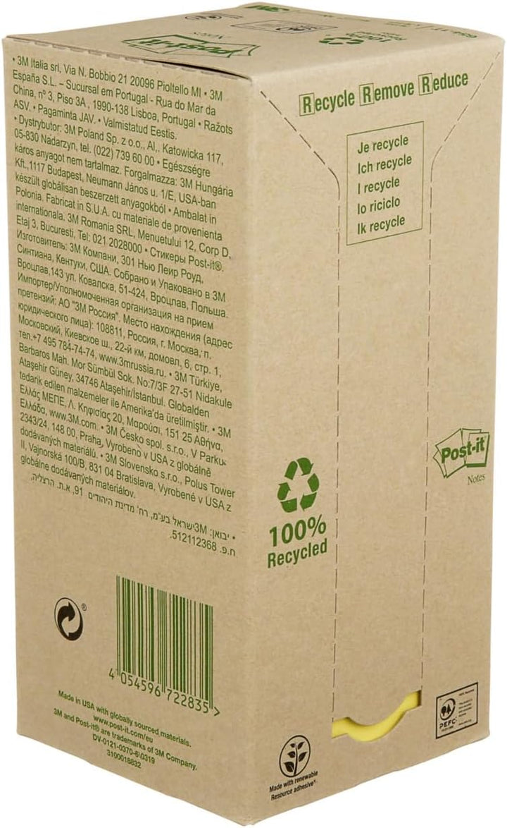 Post-it 654-1T Haftnotiz Recycling Notes Tower, 76 x 76 mm, 80 g, 100 Blatt, 16 Block, gelb 76 x 76
