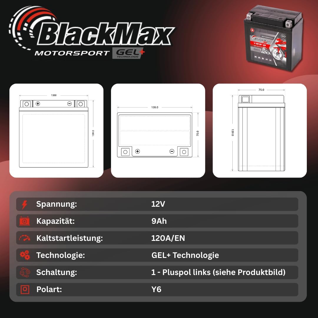 BlackMax YB9-B Motorradbatterie GEL 12V 9Ah Batterie YB9-BS CB9-B GM9Z 12N9-4B-1 9Ah - 120A - YB9-B,