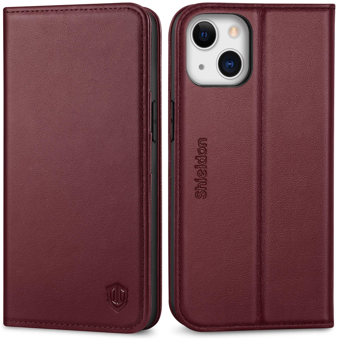 SHIELDON Hülle für iPhone 13, Praktische Handyhülle [3 Kartenfächer] [Echtes Rindsleder] [Standfunkt