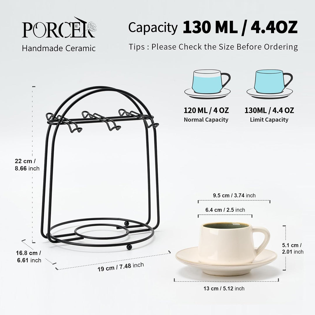 PORCER 6 x 130 ml (4,4 oz) Keramik-Kaffeetassen &amp; Untertassen mit schwarzem Metallständer, stapelbar