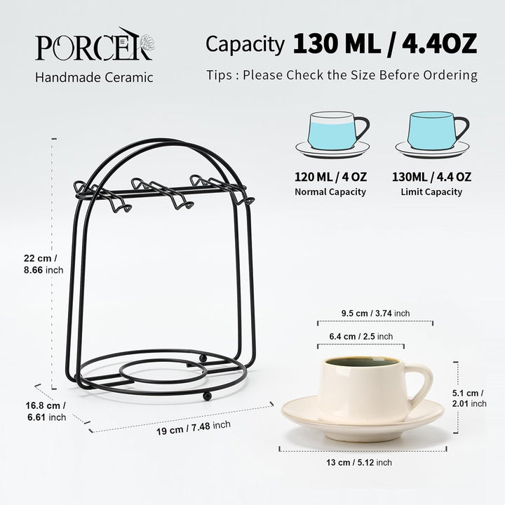 PORCER 6 x 130 ml (4,4 oz) Keramik-Kaffeetassen &amp; Untertassen mit schwarzem Metallständer, stapelbar