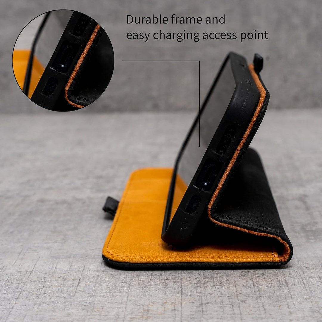 Porter Riley - Lederhülle für iPhone 13 (6.1"). Premium Echtleder Standhülle/Ledertasche/Brieftasche