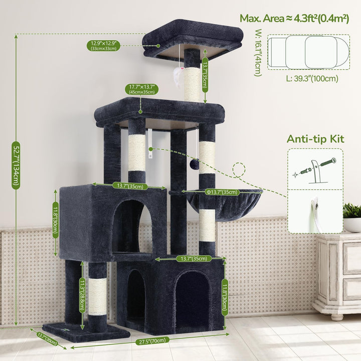 Globlazer Kratzbaum mit 2 Katzenhaus, Grosse Gepolsterte Plattform, Sitzstangen, Katzenkorb, Stable