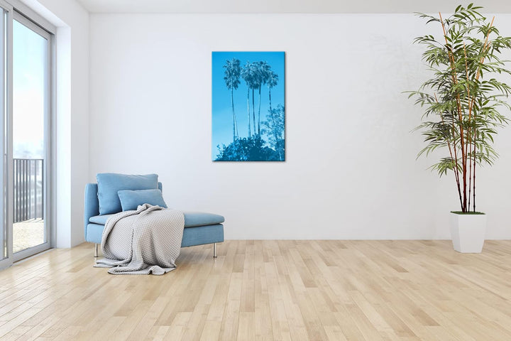 deyoli gigantische Tropische Palmen Format 100x70 Effekt: Monocrome Blau als Leinwandbild, Motiv fer