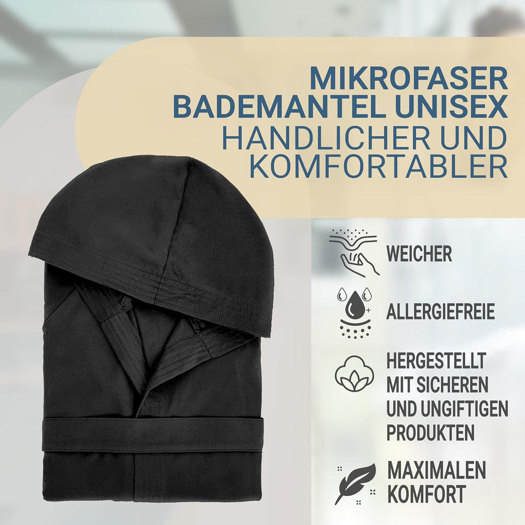 Dorian Home Bademantel aus Mikrofaser für Damen und Herren, Unisex, mit praktischen Taschen und Kapu