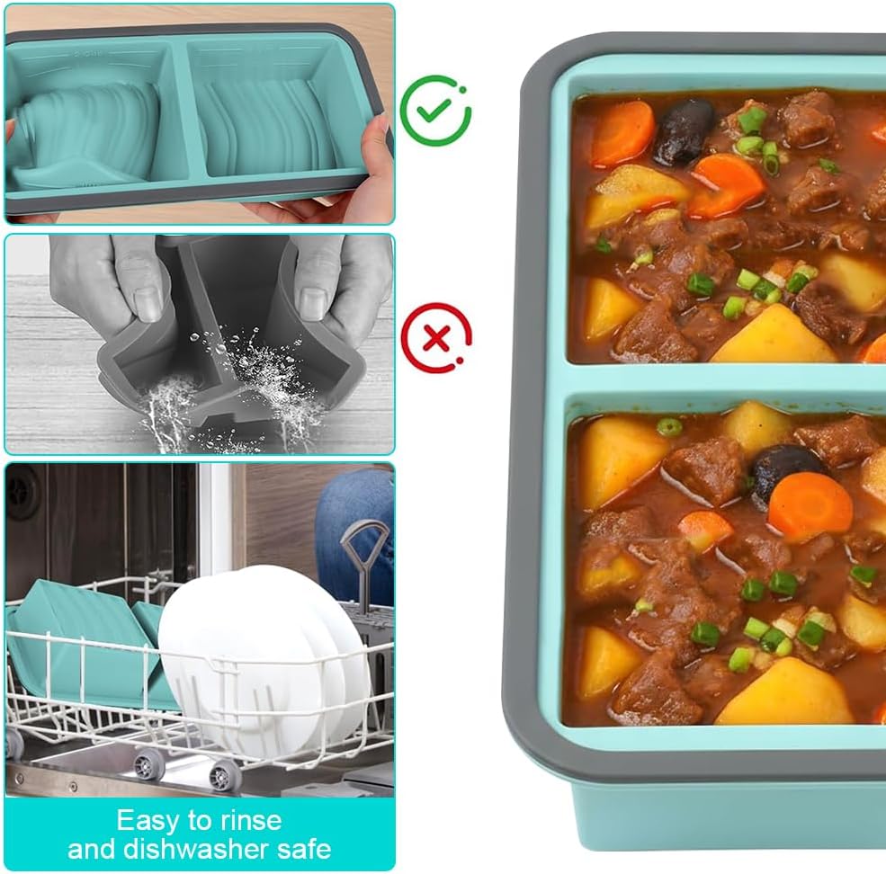 2 Stück Silikon Gefriertablett mit Deckel, 500ml Suppen Einfrieren Behälter mit 2 Fächern, Suppe Gef