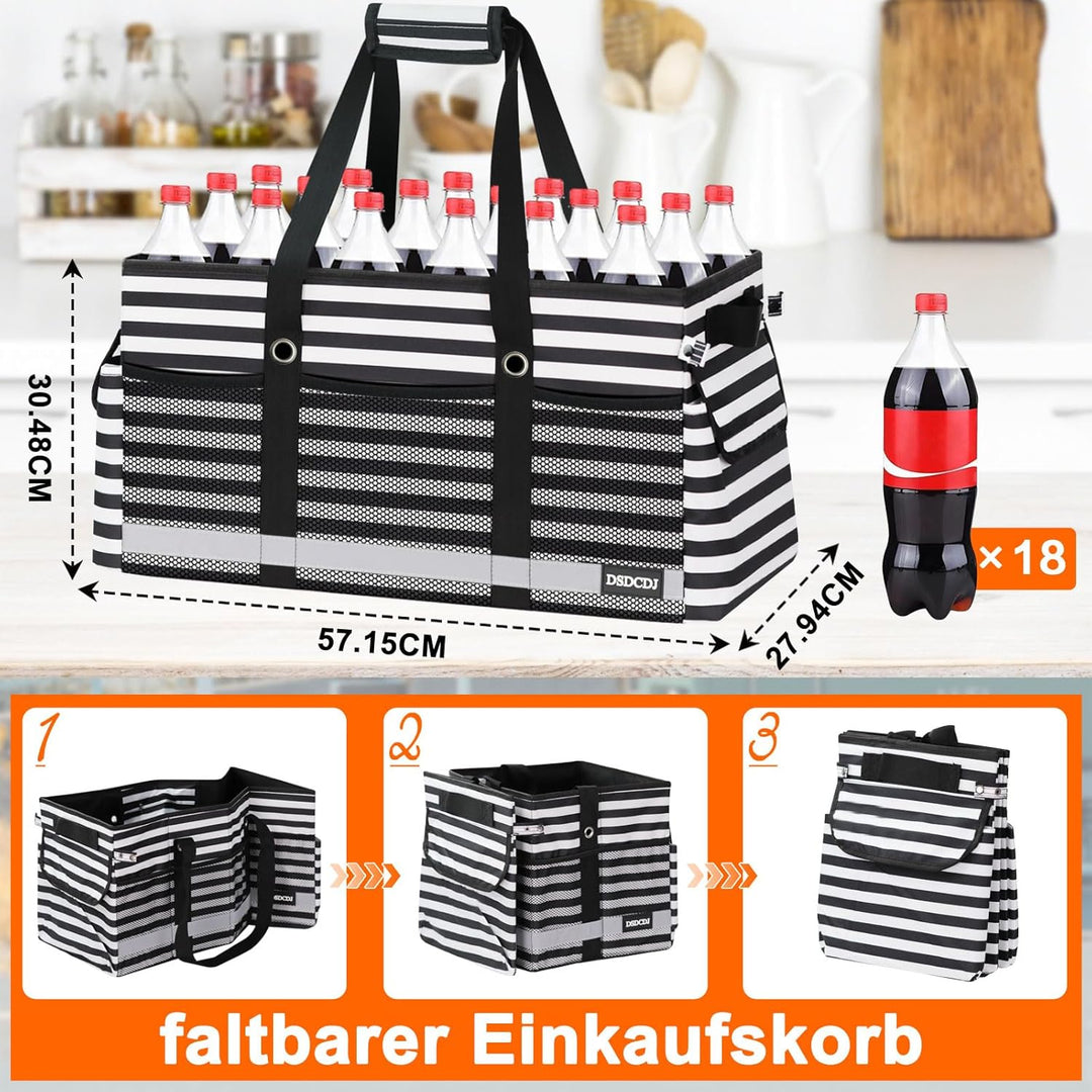 48L Einkaufskorb Faltbar mit Leuchtstreifen – Korb Einkaufen mit Verstärktem Boden – Einkaufstasche