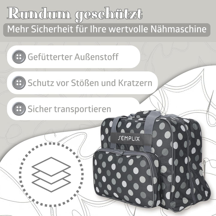 SEMPLIX XL-Nähmaschinentasche, Polka Dots Anthrazit/Grau, 52x42x27 cm, Grosse stabile Transport und