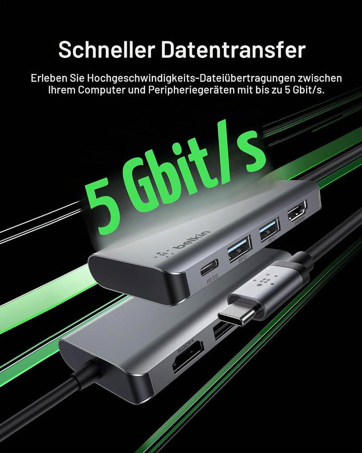 Belkin USB-C-4-in-1-MultiPort-Adapter (mit 4K-HDMI, USB-C, 100 W PD zum Laden per „Passthrough“, 2 U