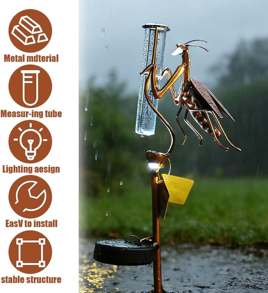 Regenmesser für Garten, Solar Regenmesser für Garten mit Erdspiess und LED, Metall Gottesanbeterin f