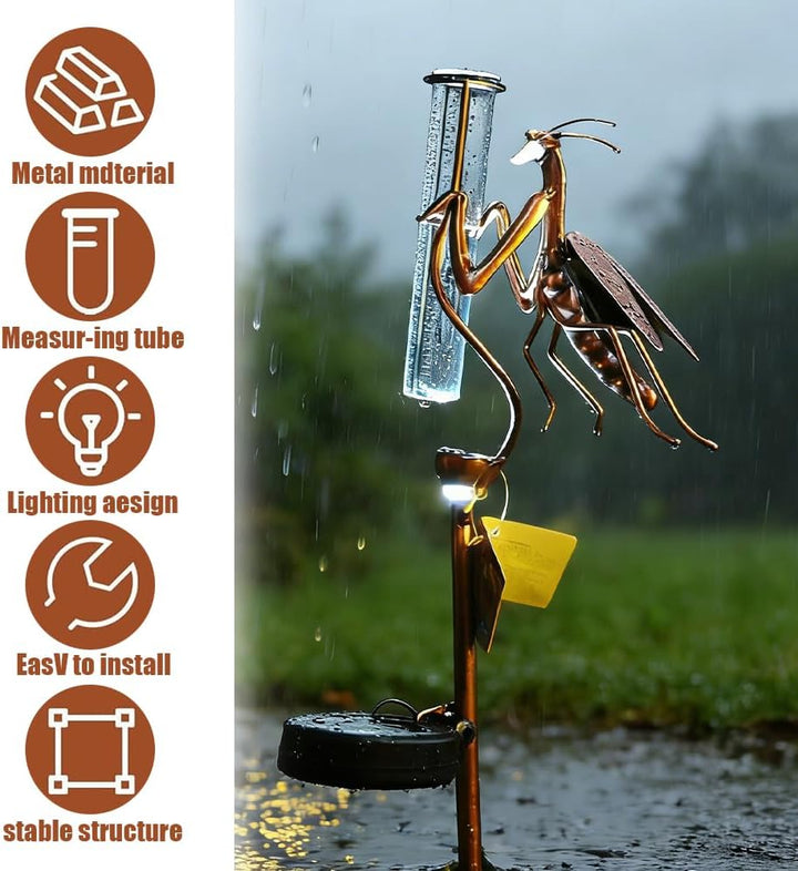 Regenmesser für Garten, Solar Regenmesser für Garten mit Erdspiess und LED, Metall Gottesanbeterin f