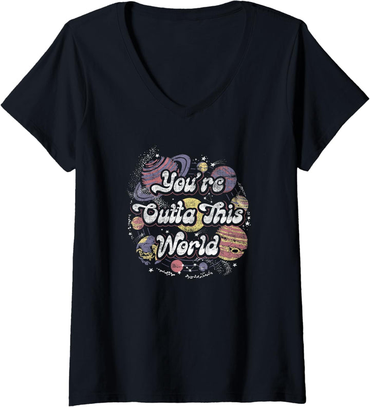Damen Trendy You're Outta This World Retro Solar System Front Back T-Shirt mit V-Ausschnitt