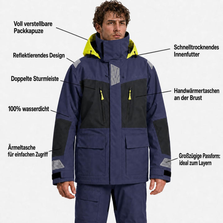 Herren Offshore Segelanzug 2-Lagen Wasserdicht Atmungsaktiv | Profi Segeljacke mit Neon-Kapuze &amp; Ref