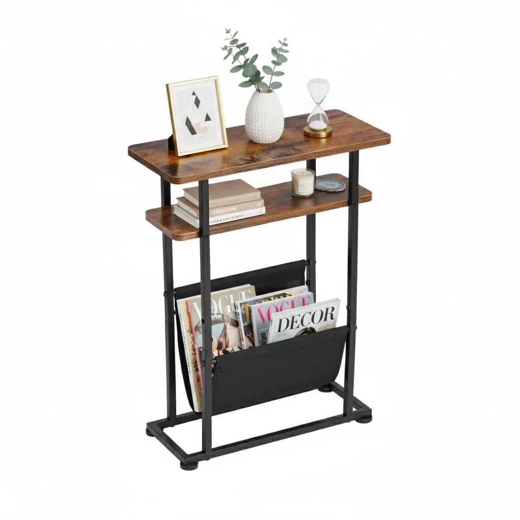 Kleiner Beistelltisch für kleine Räume, Schlanker Couchtisch mit Zeitschriftenhalter - 2 in 1 Schmal