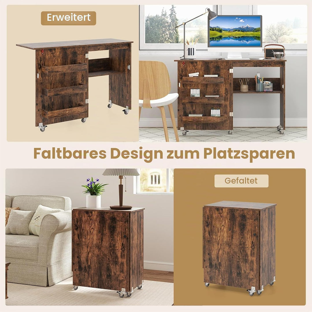 LIFEZEAL Nähmaschinenschrank klappbar, Nähschrank 2 in 1, Schreibtisch Holz mit Haken, Ablage &amp; Roll