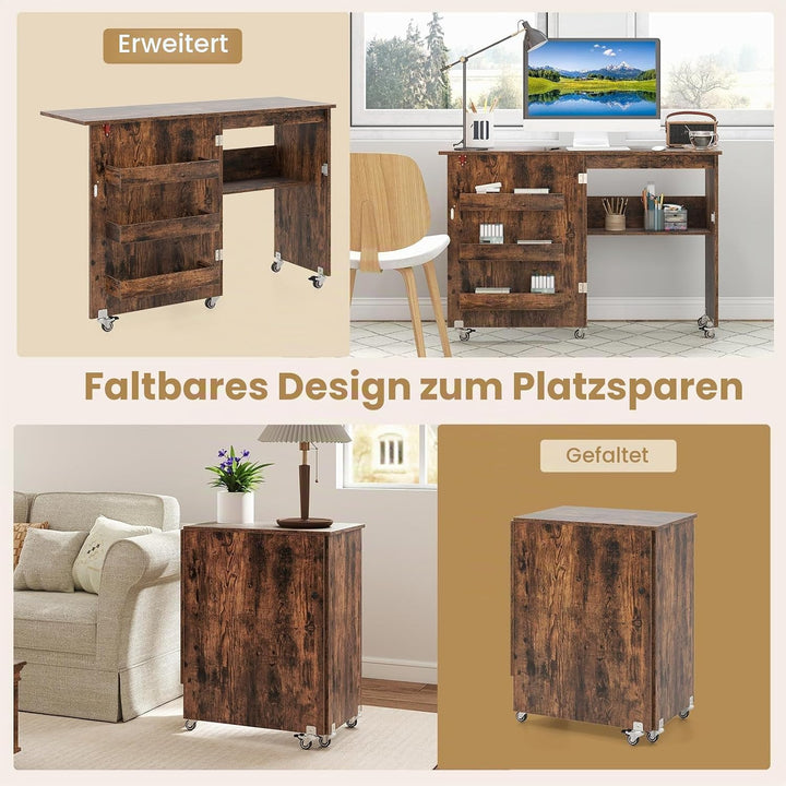 LIFEZEAL Nähmaschinenschrank klappbar, Nähschrank 2 in 1, Schreibtisch Holz mit Haken, Ablage &amp; Roll