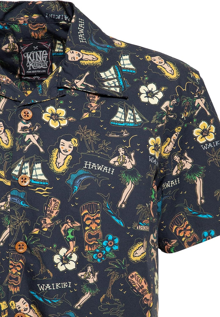 King Kerosin Herren Hemd Alloverprint Printhemd Hawaiian Shirt Kurzarm Hawaiihemd Kurzarm-Hemd Tropi