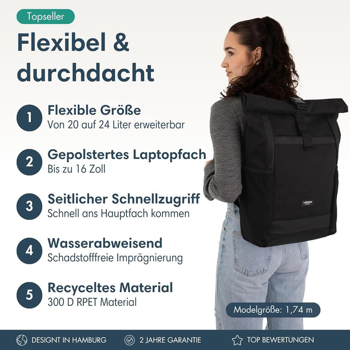 LARKSON Rolltop Rucksack Herren & Damen Gross Anthrazit - No 2 - Daypack für Schule, Uni, Fahrrad -