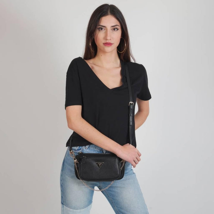 GUESS Damen Noelle Dbl Pouch Crossbody Bag Schwarz, Schwarz