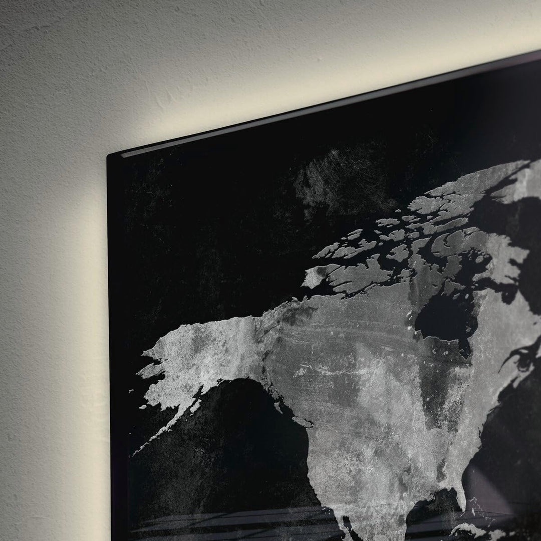 SIGEL GL409 Premium Glas-Magnettafel 91 x 46 cm mit LED-Beleuchtung, Design World-Map, hochglänzend,