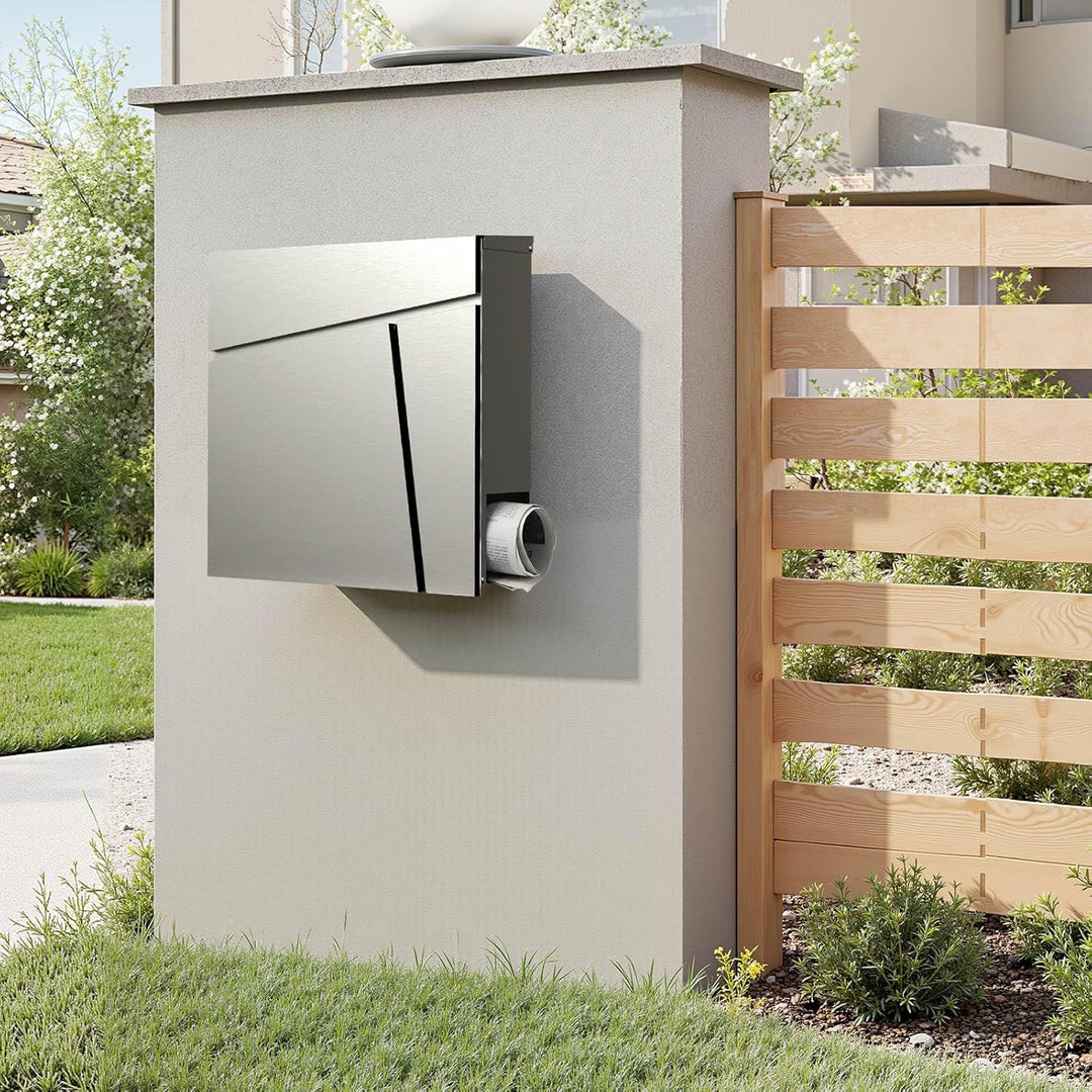 Wiltec Designer Briefkasten V23 Edelstahl 370 x 102 x 370 mm, Wandbriefkasten mit Schloss und Zeitun