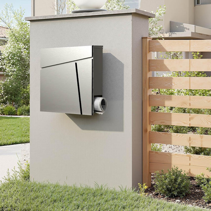 Wiltec Designer Briefkasten V23 Edelstahl 370 x 102 x 370 mm, Wandbriefkasten mit Schloss und Zeitun