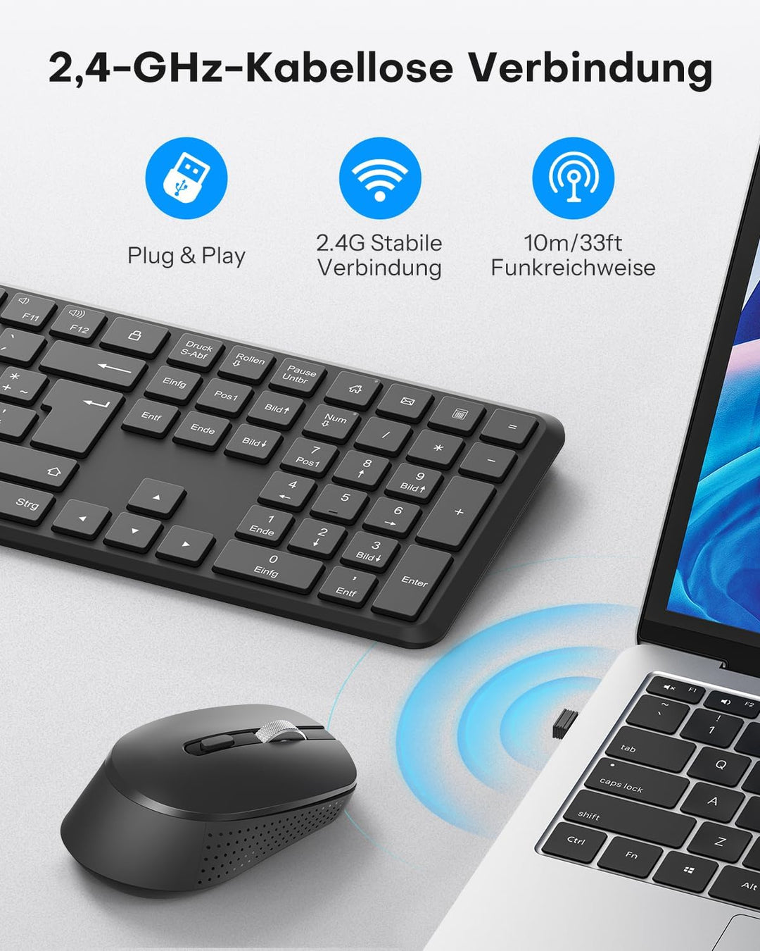 OMOTON Tastatur Maus Set Kabellos, Funktastatur und Maus 2,4 GHz in Voller Grösse, QWERTZ Deutsches
