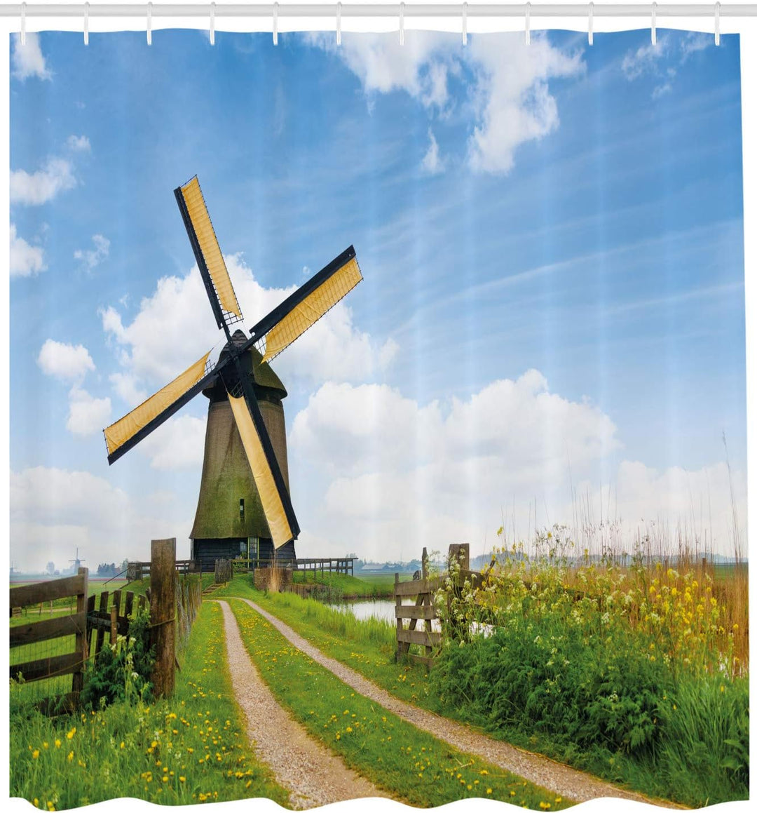 ABAKUHAUS Windmühle Duschvorhang, Holland im Frühjahr, Stoffliches Gewebe Badezimmerdekorationsset m