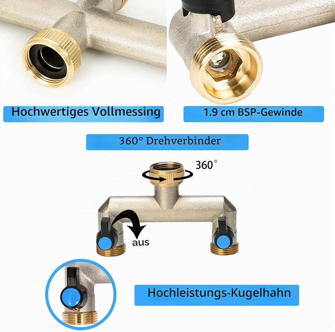 2-Wege-Gartenschlauch-Splitter Messing Gartenschlauch Zubehor 3/4 zoll Schlauchanschluss Satz mit Sc