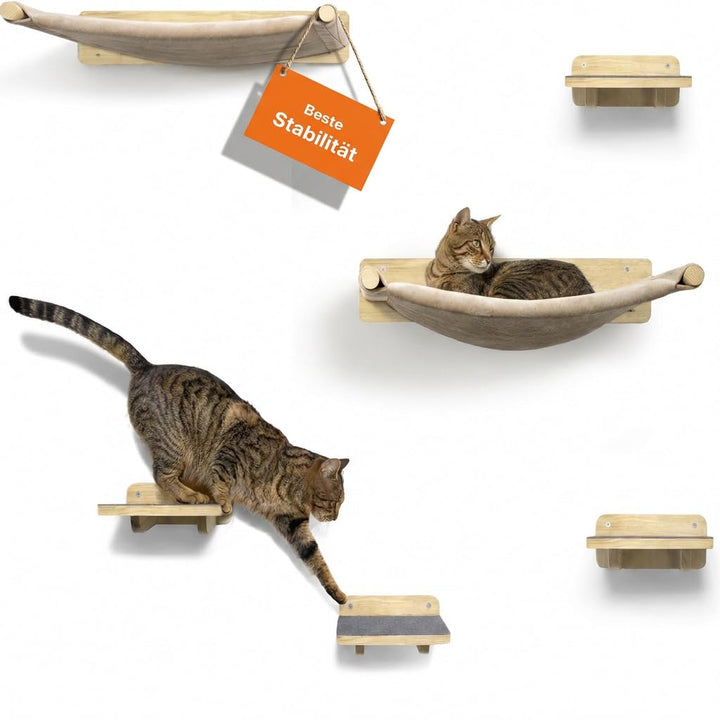 WOOWOOD Katzen Kletterwand Set 6-teilig mit 2 Hängematten und 4 Katzentreppen Naturhell 6er Set, Nat