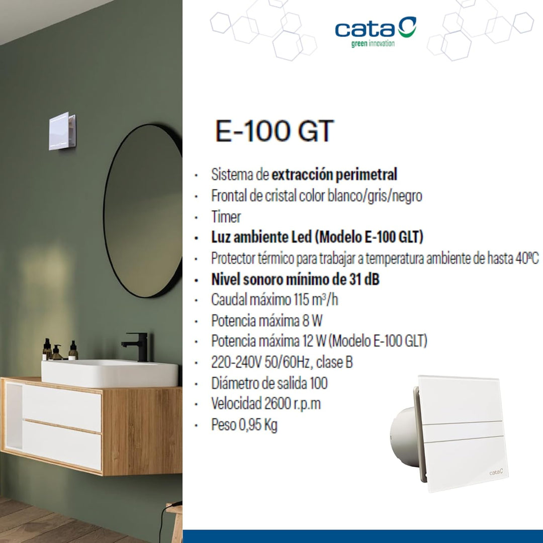 Ventilator Lüfter CATA E-100GT B,Timer, Weiss Glasfront