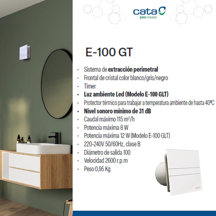 Ventilator Lüfter CATA E-100GT B,Timer, Weiss Glasfront